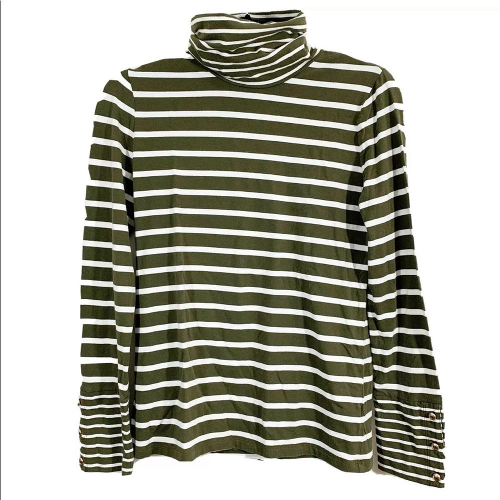 Talbots Green Stripe Turtleneck Button Detail Top